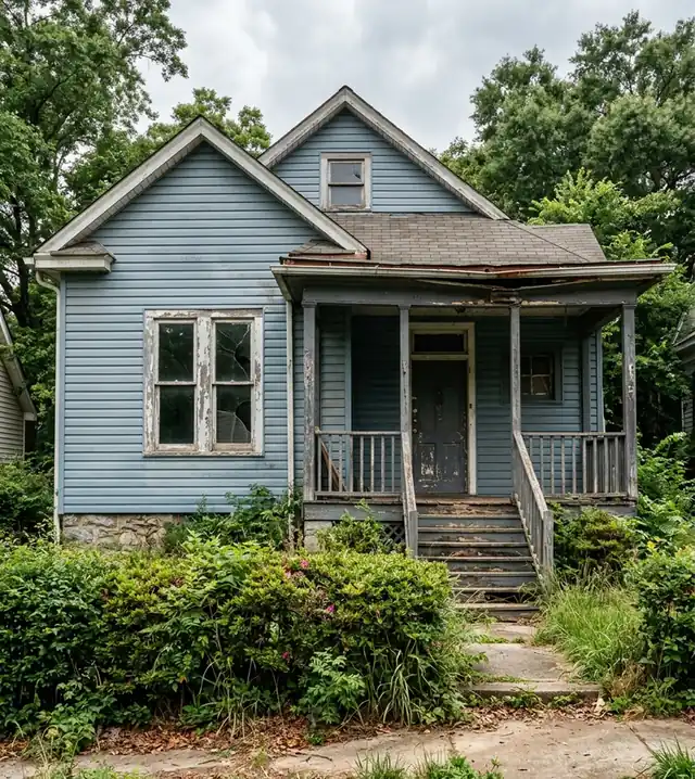 Worn older house in Atlanta with faded blue siding, a sagging gutter and an overgrown yard