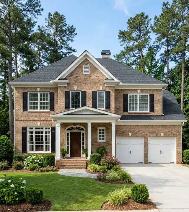 Two-story tan brick home in Atlanta with black shutters, a two-car garage and pine trees